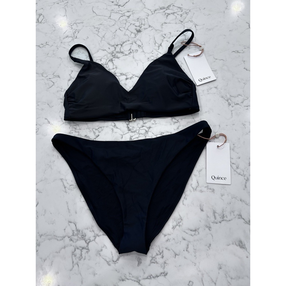NWT Quince Black Italian V Neck Bikini Top & Low Rise Bottom Set Size Small